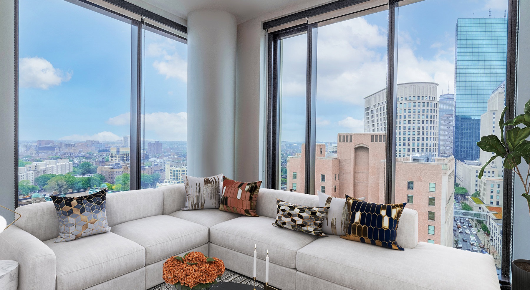 Spacious well lit living room with large floor to ceiling windows 